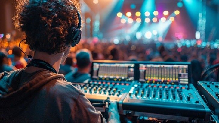 Geluidsmixer met koptelefoon achter een livepodium tijdens de soundcheck