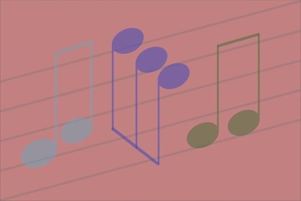 Gestileerde muzieknoten op lijnen, als beeld voor onregelmatige ritmes